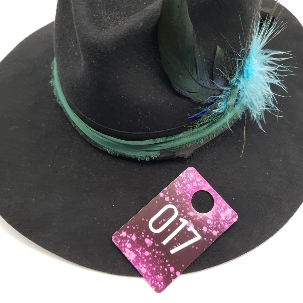 Lack Of Color Med 57cm Black Wool Hat Blue Feather green black band embroidered - Picture 11 of 11